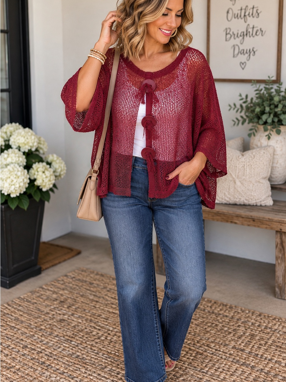 Noelle Open-Knit Button-Front Cardigan in Wine Red